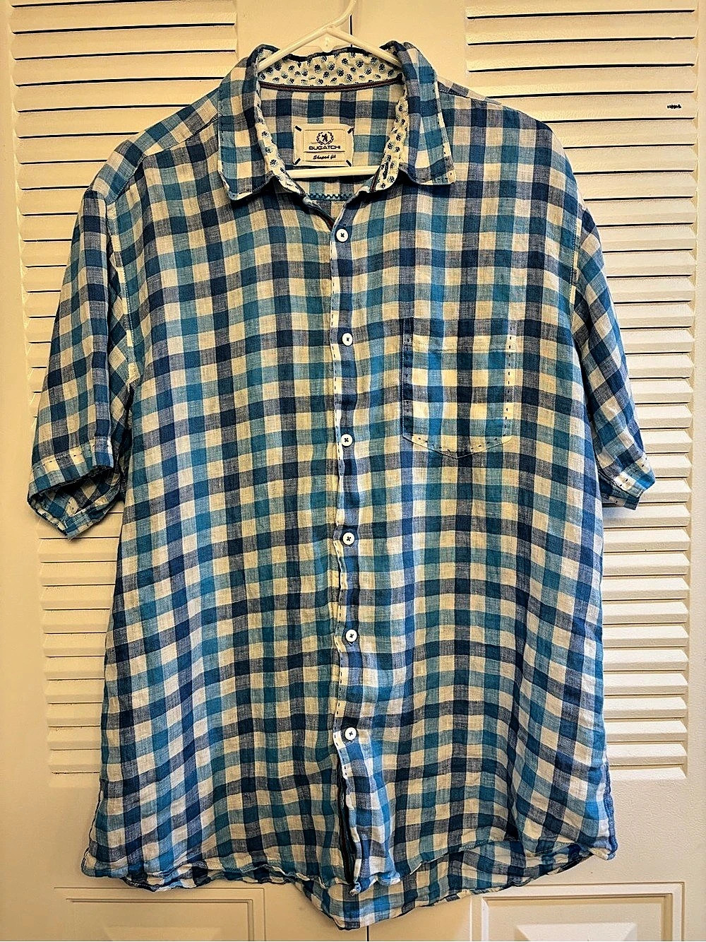 Bugatchi Checkered Linen Shirt in Blue & White Size Large